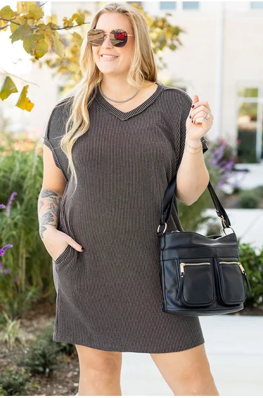 Lvness Plus Size Carbon Grey Corded V Neck T Shirt Dress with Pockets