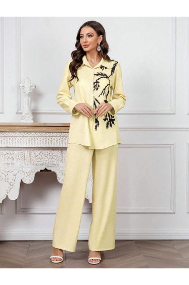 Yellow Leaf Print Shirt and Wide Leg Pants Co-ords