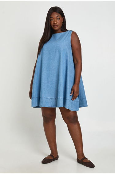 Plus Chambray Racer Swing Dress - mid wash