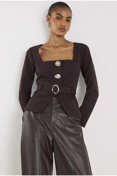 Brown Long Sleeve Belted Mixed Button Blazer
