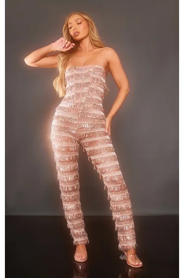 Pale Pink Tassel Sequin Corset Bandeau Jumpsuit