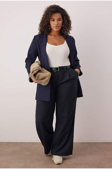 Navy blue elastic waist wide leg plus size woven trousers