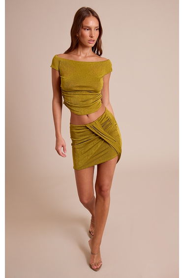 Olive Textured Drape Wrap Over Mini Skirt