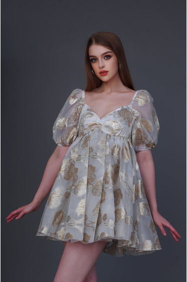 Melanie Metallic Babydoll Mini Dress in Gold Jacquard