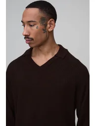 Regular Fit Soft Touch Raglan Ribbed Knitted Long Sleeve Polo - brown - 1