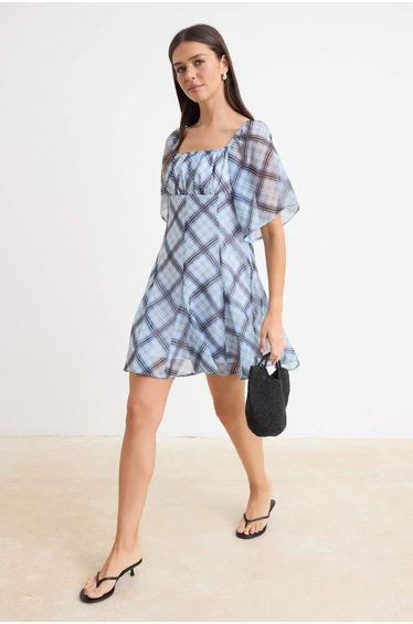 Blue Plaid / Checked Mini Chiffon Woven Dress with Skirt and Handkerchief