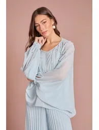 كوست فاشن بلوزة شيفون أزرق مزين بالخرز بأكمام طويلة - 1