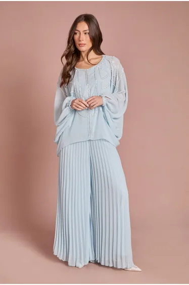 Chiffon Pearl Detail Cape Sleeve Blouse Co Ord