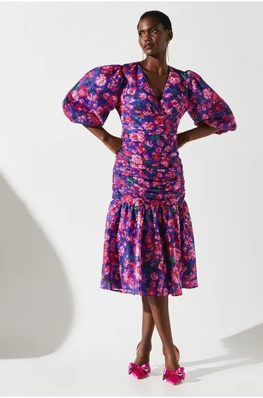 Chiffon Printed Jacquard Gathered Puff Sleeve Dress