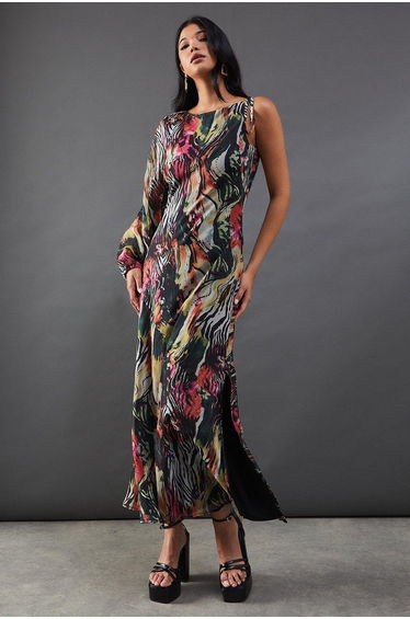 Chiffon Printed One Shoulder Split Front Maxi Dress