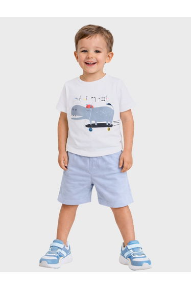 Boys Hippo Print Round Neck T-Shirt and Shorts Set