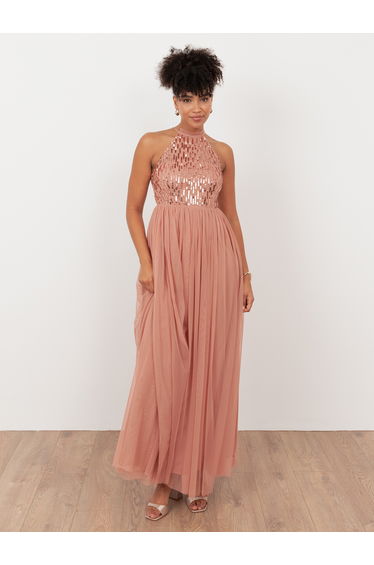 Maya Terracotta Pink Linear Embellished Halter Neck Maxi Dress