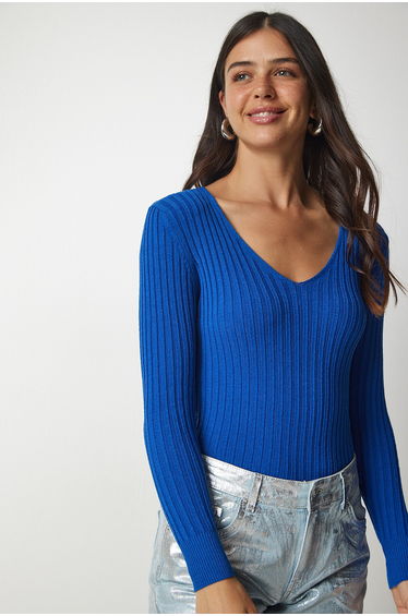 Blue Knitted V-Neck Blouse
