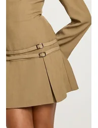 Tailored Buckle Detail Pleated Mini Dress - mocha - 3