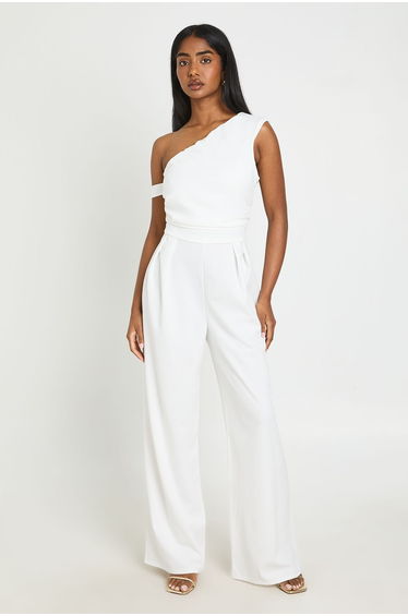 One Shoulder Jersey Crepe Wide Leg Jumpsuit - cream