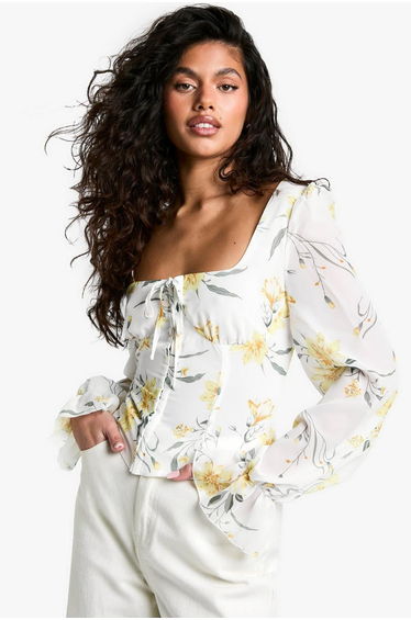 Blurred Ditsy Floral Print Chiffon Balloon Milkmaid Top - white