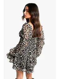 Petite Leopard Chiffon Ruffle Mini Dress - brown - 1