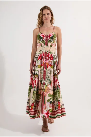 Mirrored Viscose Linen Floral Print Woven Maxi Dress