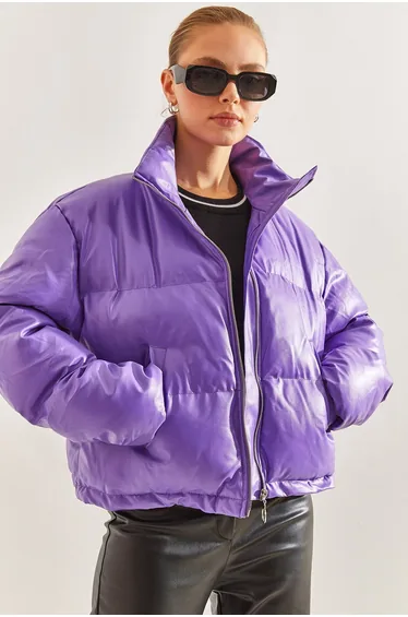 Women's Judge Collar Leather Puffer Jacket