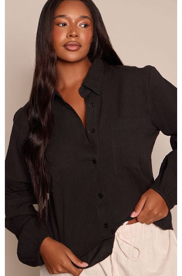 Plus Black Textured Pocket Detail Oversized Shirt