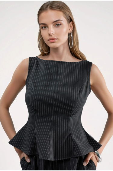 Striped Boat Neck Peplum Top with Zipper
