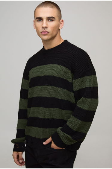 Boxy Distressed Striped Knitted Jumper - khaki