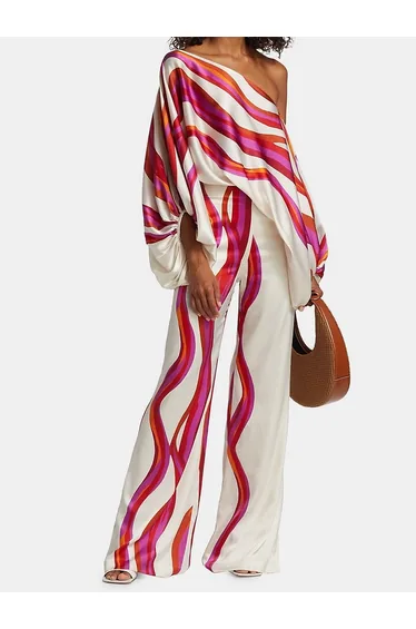 Urban Wide Leg Loose Printed Off-The-Shoulder Blouses &Casual Pants Two Pieces Set