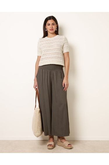 Wide Leg Shirred Waist Wavy Trousers