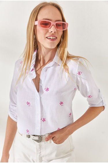 Tiny Ecru Fuchsia Linen Shirt with Fold Sleeves