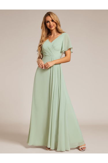 ever LINDEN|High Slit V-Neck Chiffon High Waist Bridesmaid Dress with Ruffle Sleeve