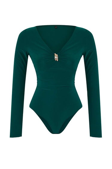 Emerald Green Accessory Detailed V-Necked Body-Smoothing Flexible Knitted Bottom Snap Bodysuit