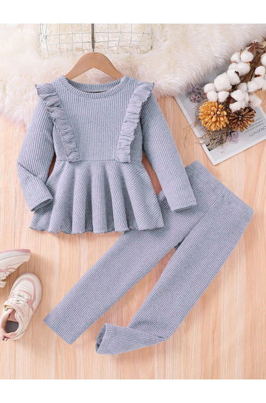 Girls Grey Flounce Hem Knit Top and Leggings Set
