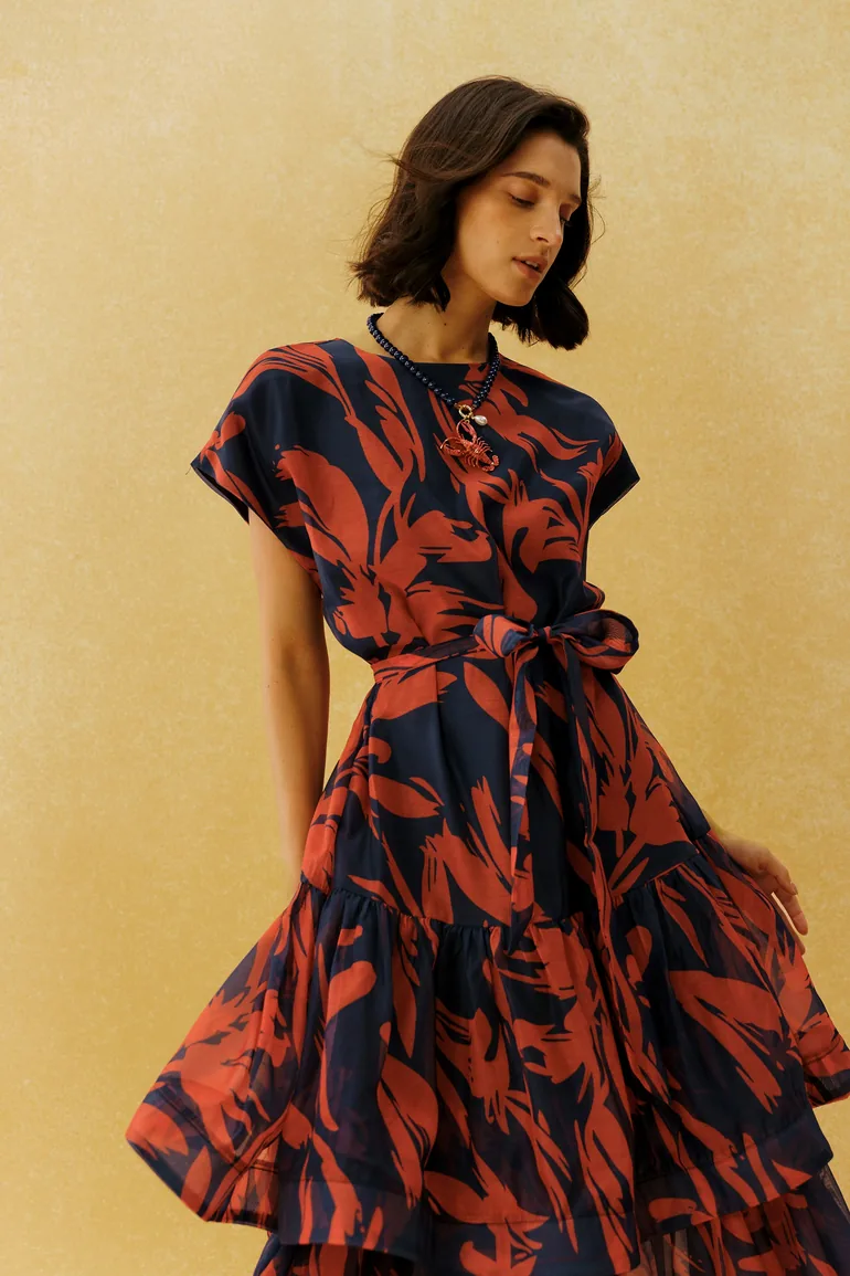 Living Freely Red Leaf Print Cap Sleeve Tiered Maxi Dress - 1
