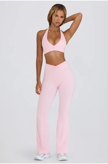 Ruched Flared Trousers in Pale Pink Marl