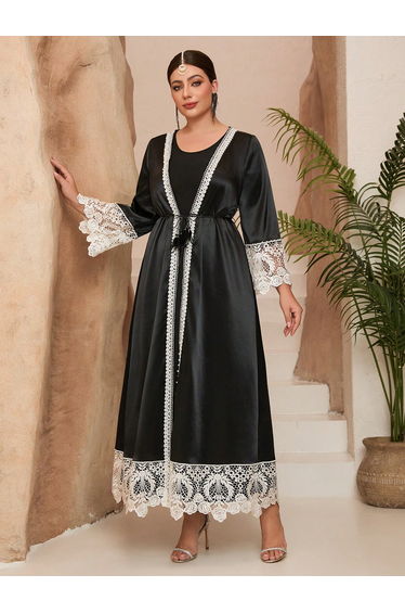 Leely Plus Middle East Arabic Muslim Abaya Women's Loose Long Sleeve V-Neck Lace Patchwork
