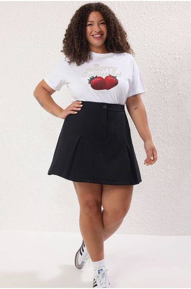 Black Pleated Woven Plus Size Shorts Skirt