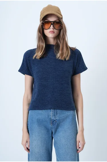 Women's Navy Blue Mock Neck Half Sleeve Knitwear Blouse Alc-X14628