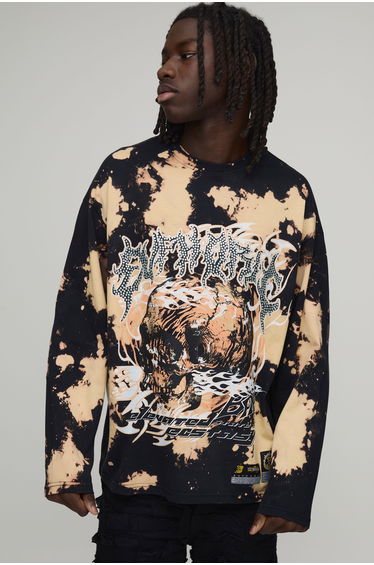 Oversized Euphoric Tie Dye Graphic Rhinestone Long Sleeve T-Shirt - black