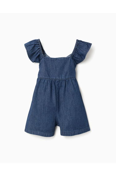 Denim Playsuit With Ruffled Sleeves For Girls Dark Blue