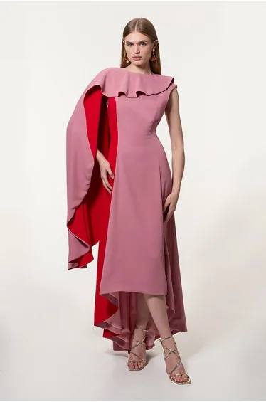 Soft Tailored Colour Block Cape Detail Full Skirted Maxi Dress
