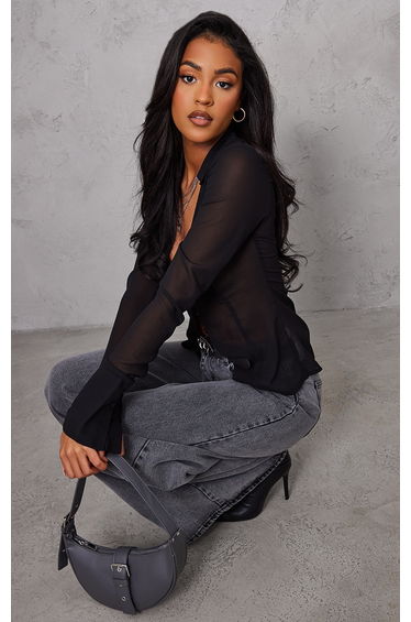Tall Black Mesh Button Front Blouse