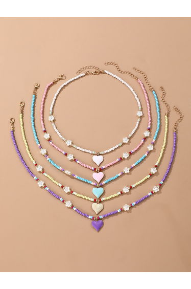 Set of 5 - Girls Heart Pendant Beaded Necklace