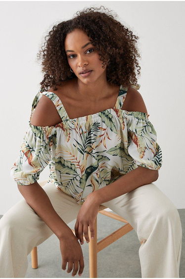 Tropical Tie Shoulder Bardot Top