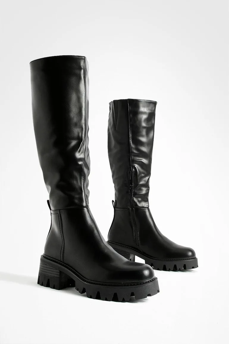 Low Heel Chunky Knee High Boots - black
