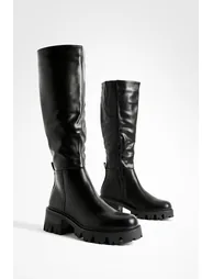Low Heel Chunky Knee High Boots - black