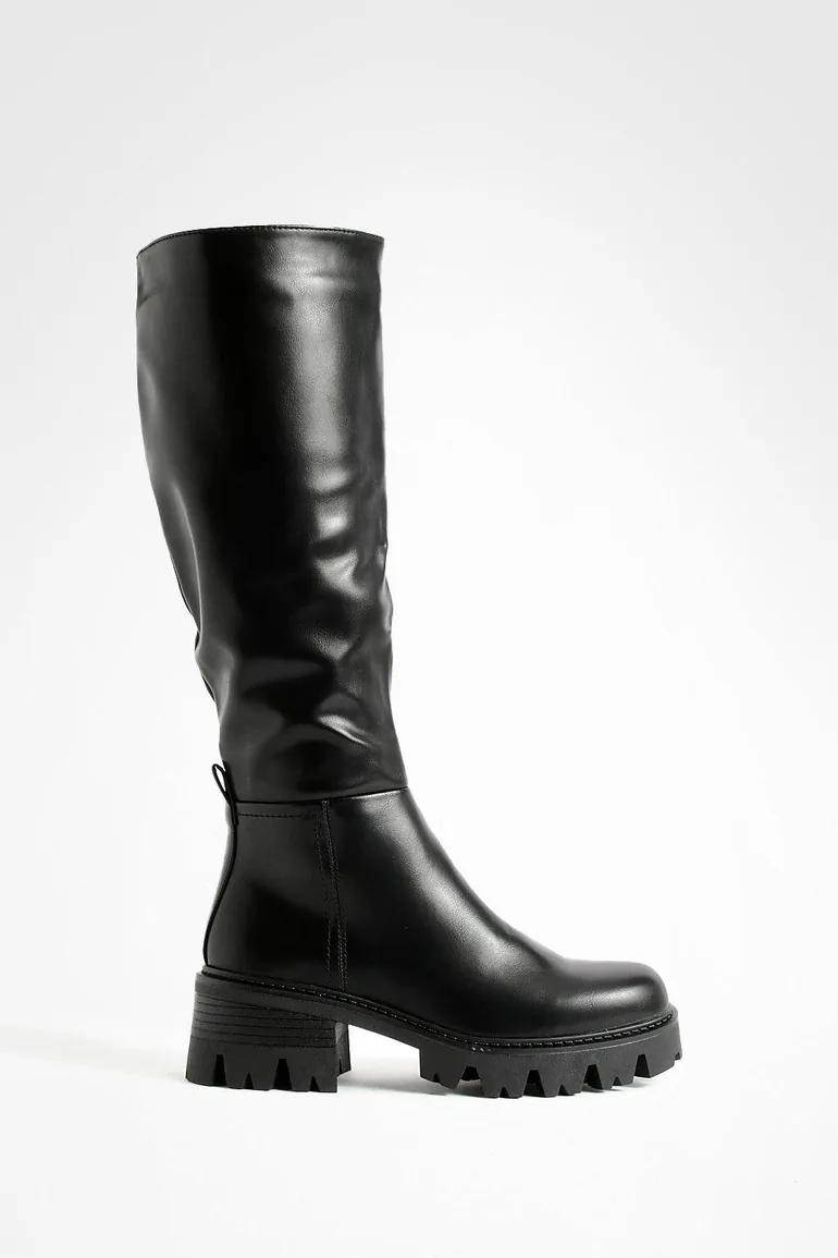 Low Heel Chunky Knee High Boots - black - 1
