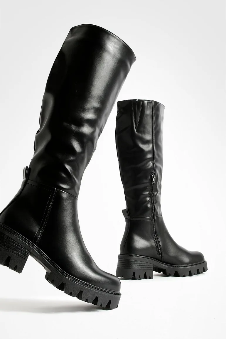 Low Heel Chunky Knee High Boots - black - 3