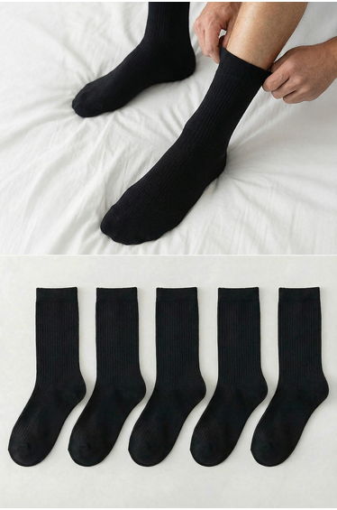 Black Men's 5 Pack Cotton Textured College-Tennis-Medium Size Socks TMNSS24CO00006