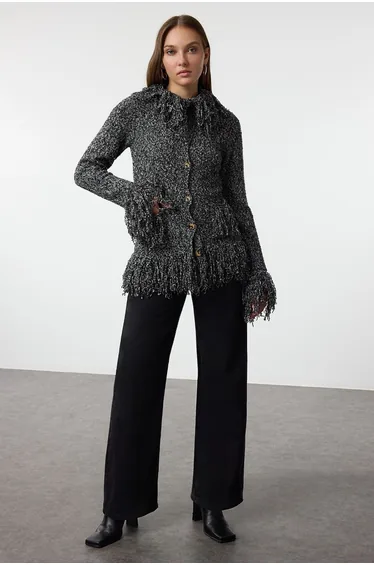 Black Fringed Coat-Look Knitwear Cardigan