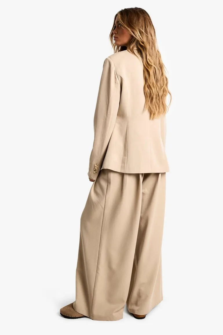 بنطلون بأرجل عريضة بطيات - بيج  - 1